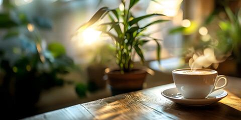 Hot tea cup on the table, Coffee Moments in Warm Light, Cup of hot tea and tea leaf on the wooden table.