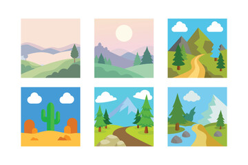 Naklejka premium Collection of Cartoon Nature Scenes Depicting Mountains Deserts and Forests with Stylized Trees Cacti and Geological Features