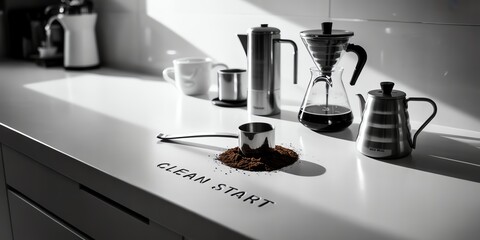 Modern kitchen with coffee brewing tools on a white countertop in the morning light, creating a fresh start atmosphere.