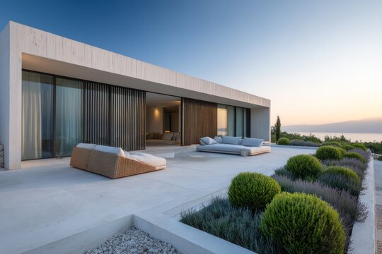 A minimalist cliffside villa rear facade in ivory micro-cement, fully enclosed jet-black vertical slat shutters, expansive terrazzo patio