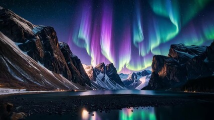 Colorful aurora borealis illuminating a lake surrounded by snowy mountains at night, creating a magical and serene landscape with vibrant lights - Powered by Adobe