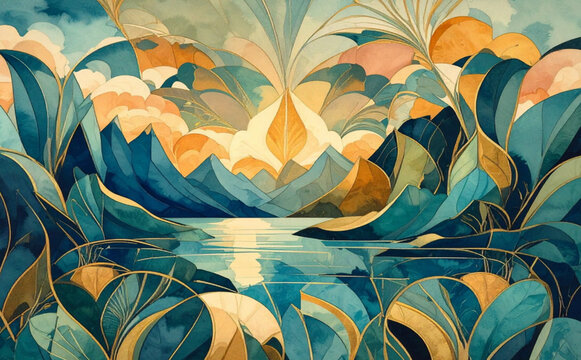 Abstract Watercolor Landscape with Mountains and Lake