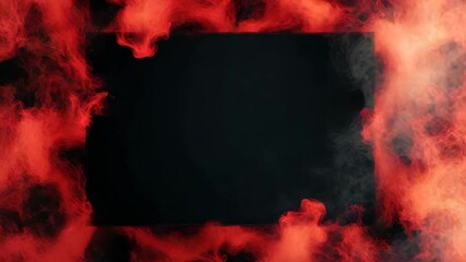 Red smoke frame with black center and swirling mist, abstract dark background texture with fog creating intense fiery atmosphere and dramatic black rectangular screen effect - Powered by Adobe