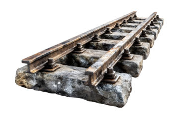Old railway track with rusty rails and stone sleepers isolated on transparent background