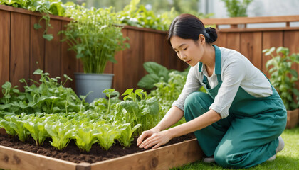 Women are planting vegetables in the garden.