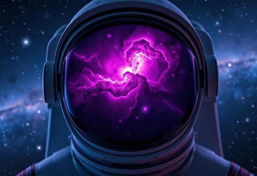Astronaut helmet reflects vibrant purple nebula and distant galaxies,  purple,  reflection - Powered by Adobe