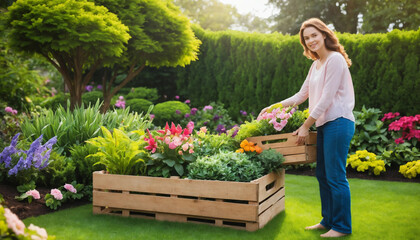 A woman is taking care of flowers in the garden.