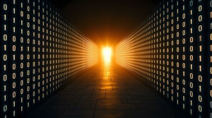 A dark corridor lined with walls of glowing binary code leads to a bright light at the end.
