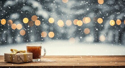 Snowy winter scene with warm drink and gift