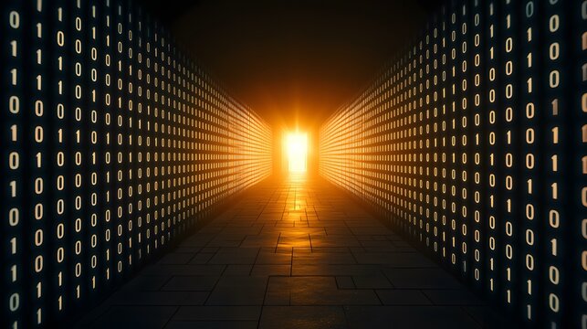 A dark corridor lined with walls of glowing binary code leads to a bright light at the end.