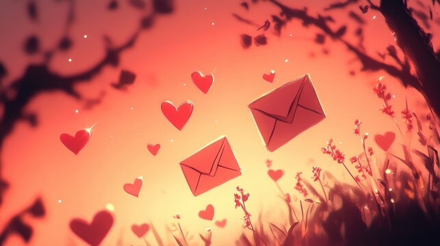 Peachy pink background with animated love letters and heart trails