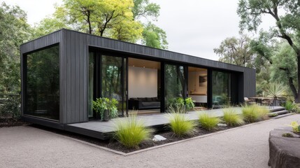 A minimalist lakeside pavilion clad in dark charcoal with sleek gunmetal window frames sliding glass doors gravel yard