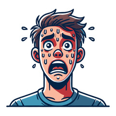 Distressed Man Sweating with Wide Eyes on White Background Cartoon Style