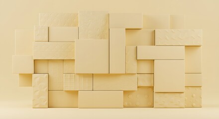 Soft pastel yellow rectangles and squares arranged in an asymmetrical stack with embossed textures
