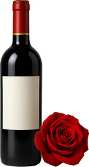 Red Wine Bottle with Blank Label and Red Rose on Transparent Background
