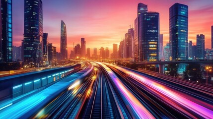 Fototapeta premium Vibrant Cityscape at Dusk with Colorful Light Trails from Train on Elevated Tracks in Urban Setting
