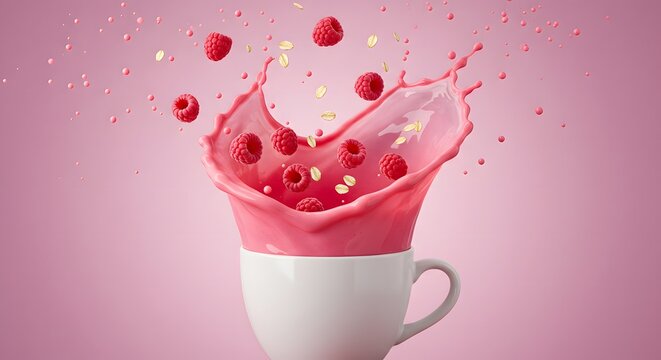 Raspberry smoothie splash from a white cup, with raspberries and oat flakes flying, soft pink-lavender background