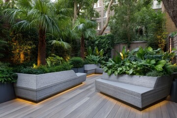 A modern garden terrace with medium-gray wood-effect planks angular stone planters filled with lush tropical foliage Ambient warm