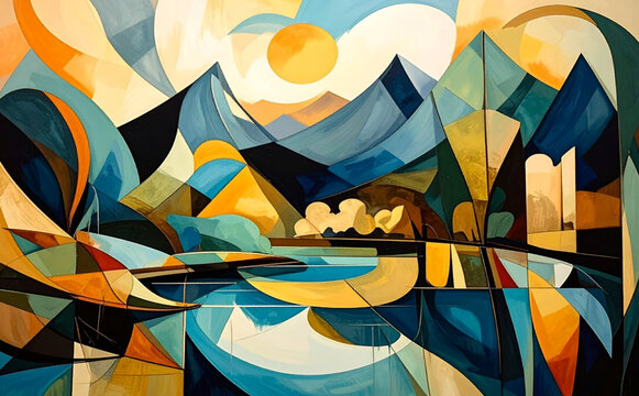 Abstract Geometric Landscape with Mountains and Sun