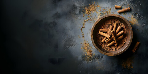Cinnamon powder in wooden bowl,  cinnamon sticks and powder on Black background