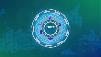 A try new things concept button on a futuristic. high performance. network icon. monitoring and evaluation. advanced HUD circle platform glowing digital luxurious wave particles flows background.