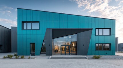 Fototapeta premium A sleek industrial facility in vibrant teal matte black cladding, with geometric windows recessed glass double door entrance