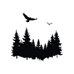 Obraz premium Forest silhouette with birds in flight silhouette