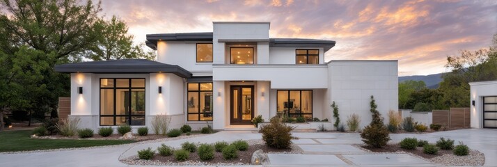 Fototapeta premium A sophisticated two-story residence with clean white stucco walls dark accents Large windows with black frames add touch