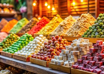 Obraz premium Colorful Traditional Turkish Delight sweets displayed on a wooden stall at a bustling Istanbul bazaar