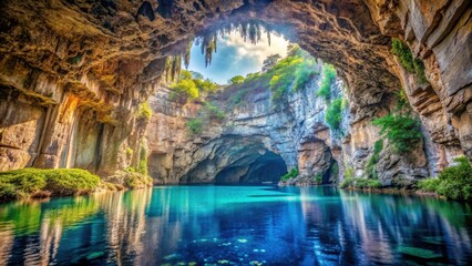 Cave entrance with stalactites and stalagmites in Melissani lake
