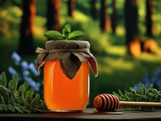 Honey jar with fresh mint and wildflowers