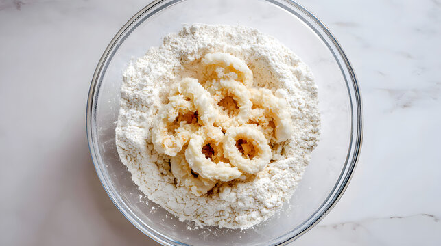 Tossing Calamari in Seasoned Flour and Cornstarch for Crispy and Delicious Fried Snack Preparation