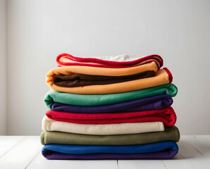 Colorful Fleece Blankets Stacked on White Table