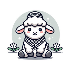 Cute Lamb Wearing Kufi and Scarf with Flowers for Eid Al Adha Illustration