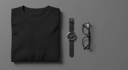 Top-down 3D mockup of a folded black t-shirt with a watch and glasses placed in the right third, minimalist grey background