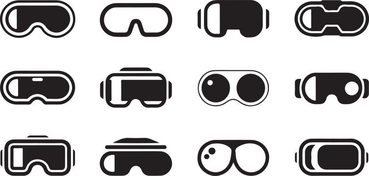 A set of black and white silhouette icons representing various VR headset styles vector art on white