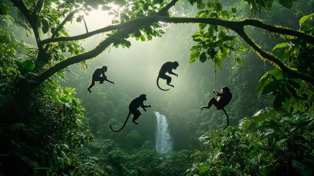 Silhouetted monkeys playfully swinging and leaping amidst lush rainforest foliage, with a waterfall in the background.
