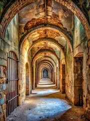 Fototapeta premium Arched passage with rusty metal cells and ancient stone walls