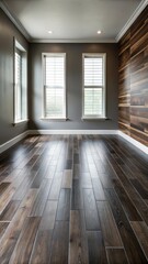Dark brown hardwood floor with gray accent tiles and a minimalist living room background