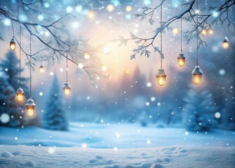 A serene winter scene with a blurred background featuring delicate hanging lights and gently falling snowflakes amidst a snowy landscape