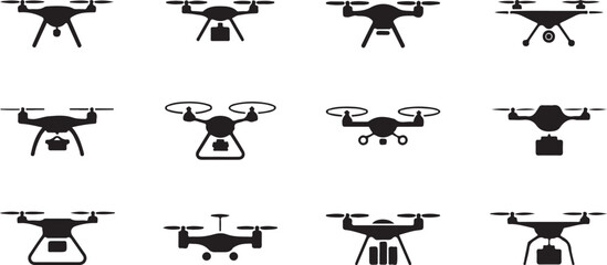 Obraz premium A collection of black silhouette drone icons, showcasing different drone models and carrying payloads vector art on white