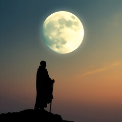 Obraz premium Allegorical Silhouette of Solitary Figure Under Ethereal Moonlit Sky