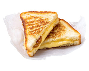 Grilled cheese sandwich with melted cheddar filling on white parchment paper isolated on transparent background