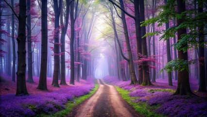 A winding dirt path disappears into the misty depths of a dense purple forest with towering trees and undergrowth