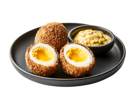 Crispy Scotch eggs with soft yolk center served with whole grain mustard sauce on black plate isolated on transparent background