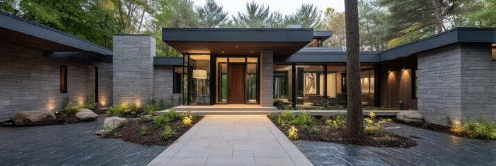 An overcast dusk portrayal of luxury woodland home featuring charcoal zinc exterior light gray fluted stone Panoramic glass