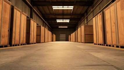 Large warehouse interior with wooden crates neatly arranged on both sides, spacious storage area and industrial logistics shipping packaging container creating organized calm atmosphere - Powered by Adobe