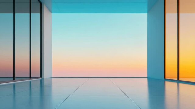 Modern empty room with large glass windows reflecting colorful sunset sky, creating calm spacious interior with smooth tiled floor and open view of architecture and sky reflection