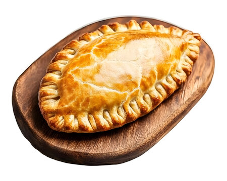 Traditional Cornish pasty with golden flaky crust served on wooden board isolated on transparent background - Powered by Adobe