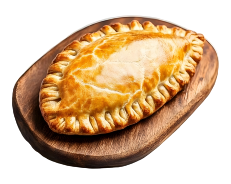 Traditional Cornish pasty with golden flaky crust served on wooden board isolated on transparent background